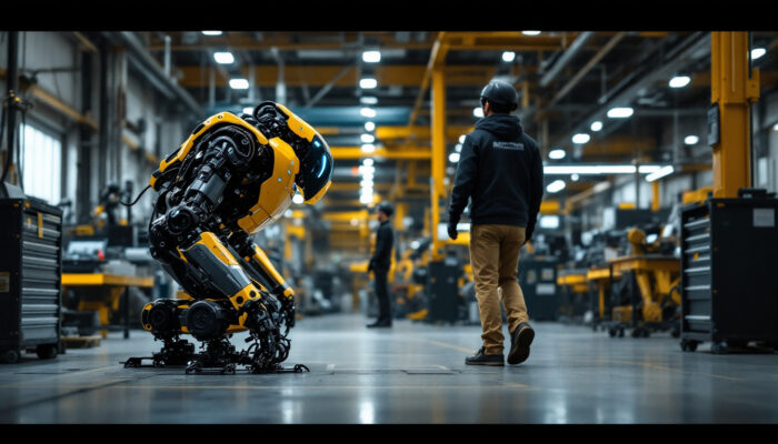 A photograph of a boston dynamics robot in action within an industrial setting