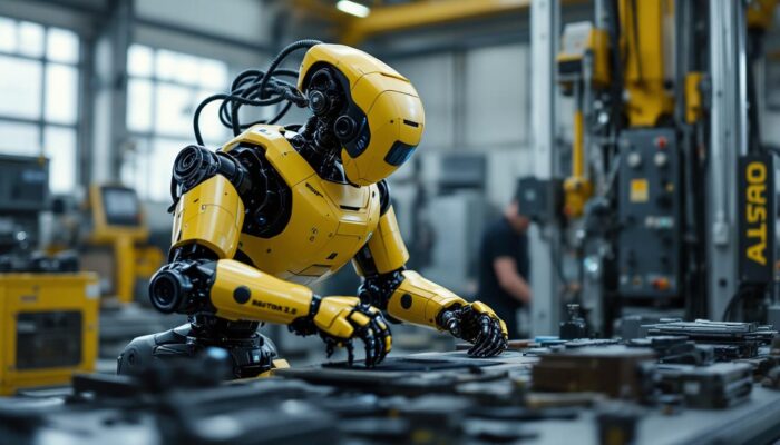 A photograph of a boston dynamics atlas 2.0 robot in action within an industrial setting