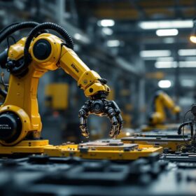 A photograph of capture a photograph of a boston dynamics robotic arm in action within an industrial setting