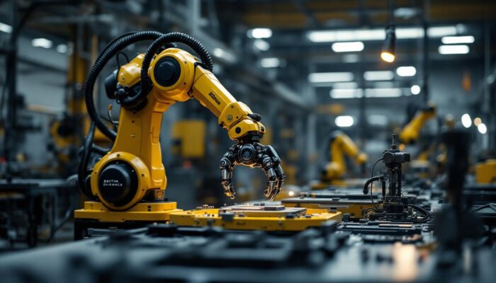 A photograph of capture a photograph of a boston dynamics robotic arm in action within an industrial setting
