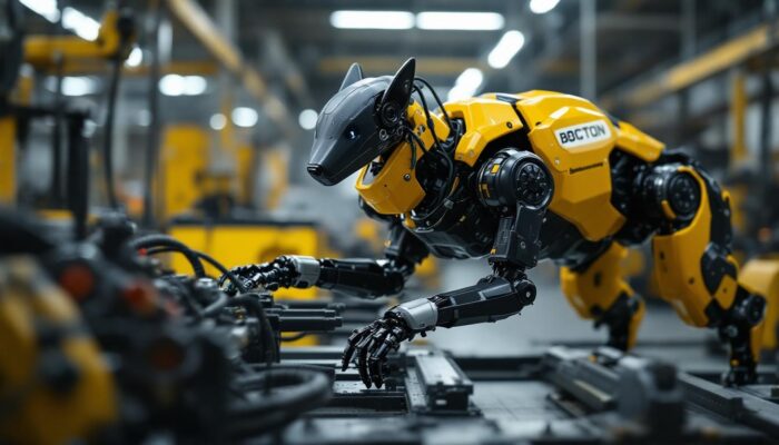 A photograph of a boston dynamics robot dog in an industrial setting