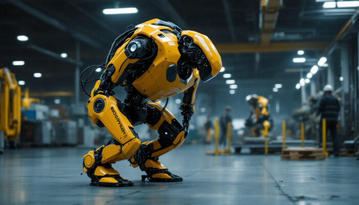 A photograph of capture a photograph of a boston dynamics robot in action within an industrial setting