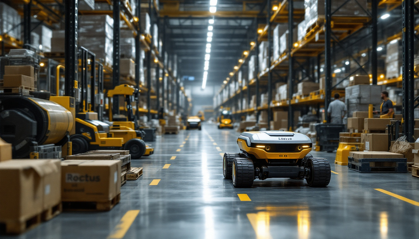 A photograph of a locus robotics autonomous mobile robot navigating through a busy warehouse environment