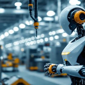 A photograph of a modern industrial robot in action within a manufacturing facility