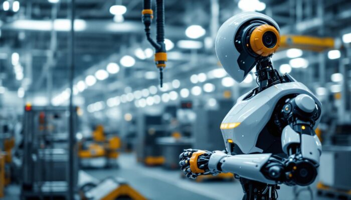 A photograph of a modern industrial robot in action within a manufacturing facility