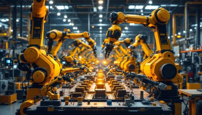 A photograph of a dynamic industrial setting featuring various types of manufacturing robots in action