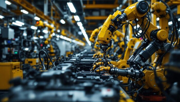 A photograph of a bustling auto factory floor