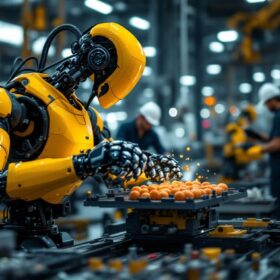 A photograph of a dynamic industrial robot in action within a manufacturing environment