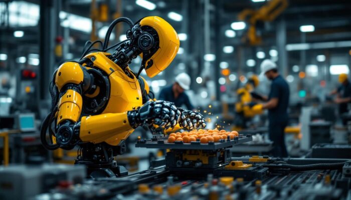 A photograph of a dynamic industrial robot in action within a manufacturing environment