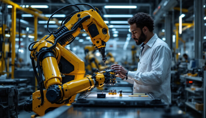 A photograph of a collaborative industrial robot working alongside human operators in a modern manufacturing environment