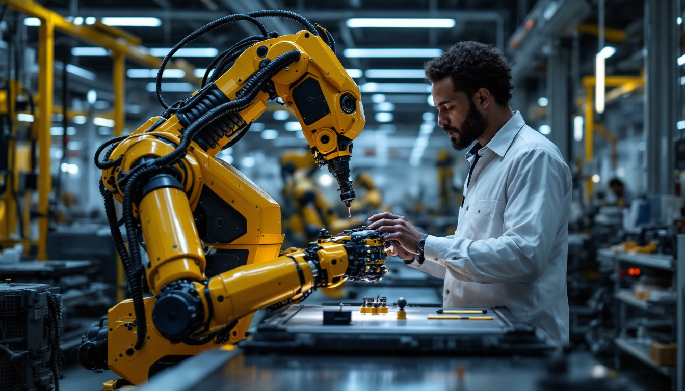 A photograph of a collaborative industrial robot working alongside human operators in a modern manufacturing environment