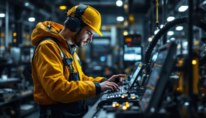 A photograph of a skilled technician programming or operating an industrial robot in a modern manufacturing environment