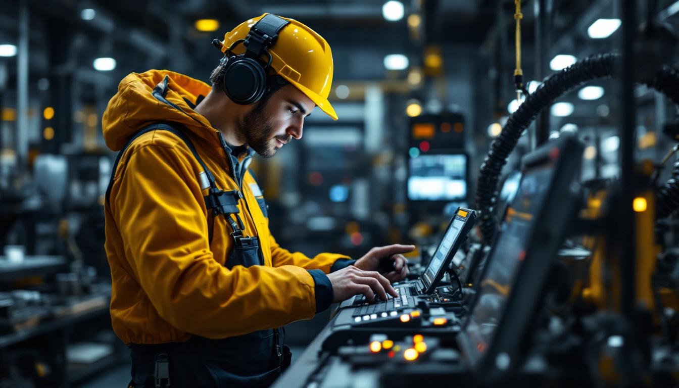 A photograph of a skilled technician programming or operating an industrial robot in a modern manufacturing environment