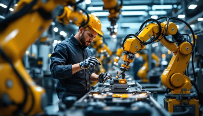 A photograph of a skilled technician collaborating with robotic arms in a modern manufacturing facility