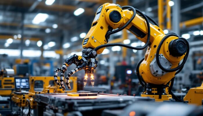 A photograph of a sleek industrial robotic arm in action