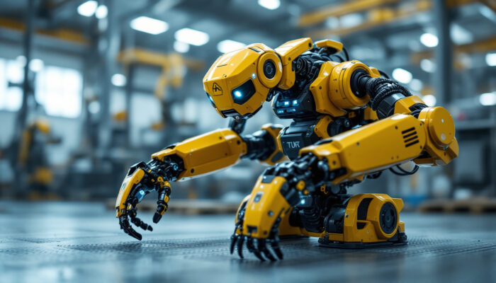 A photograph of a quad robot in action within an industrial setting