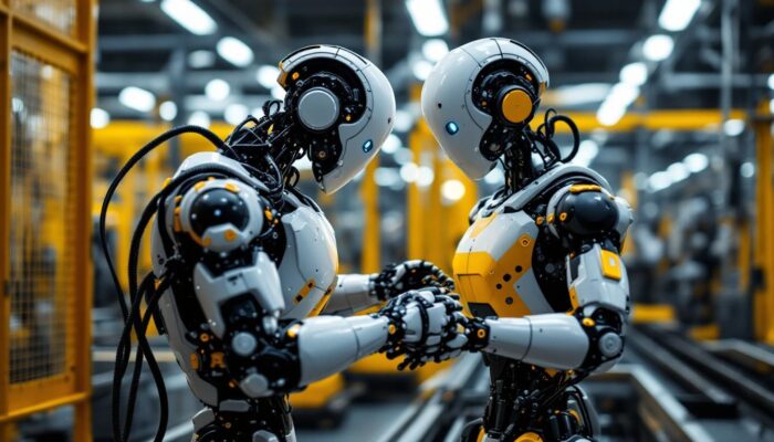 A photograph of a modern industrial robot equipped with various sensors actively working in a manufacturing environment