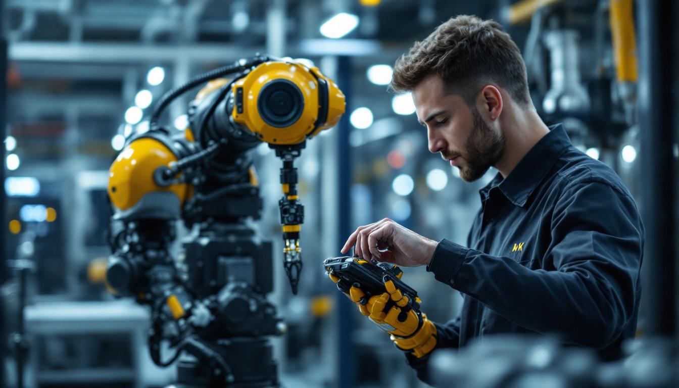 A photograph of a skilled technician programming or adjusting an industrial robot in a modern manufacturing environment