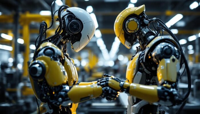 A photograph of a sleek industrial robot in action