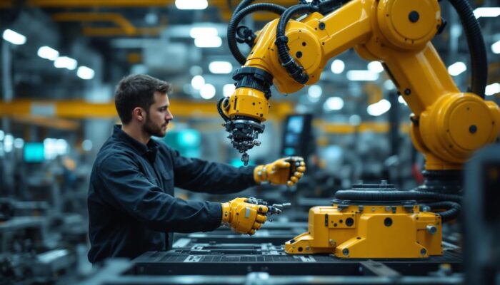 A photograph of a skilled technician operating a sophisticated industrial robotic arm in a factory setting