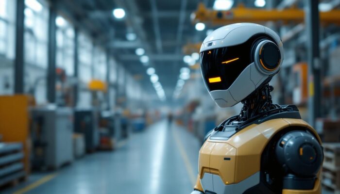 A photograph of capture a photograph of an autonomous security robot patrolling an industrial facility