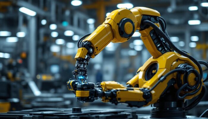 A photograph of a sleek industrial robot with a versatile arm in action