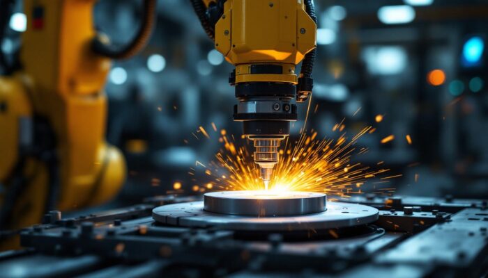 A photograph of a robotic arm performing precision machining on a metal workpiece in a modern industrial setting