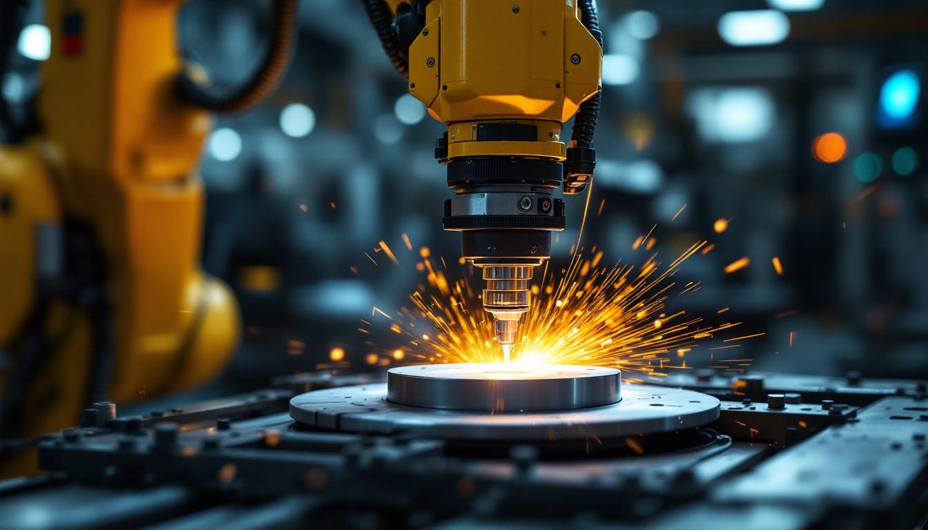 A photograph of a robotic arm performing precision machining on a metal workpiece in a modern industrial setting