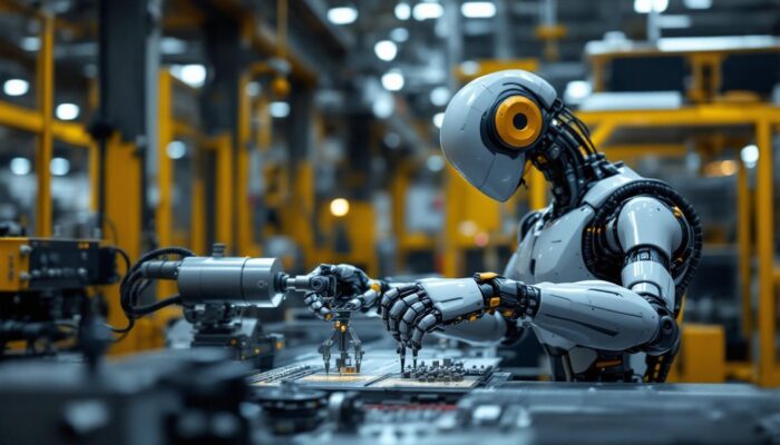 A photograph of a sleek industrial robot in action within a manufacturing environment