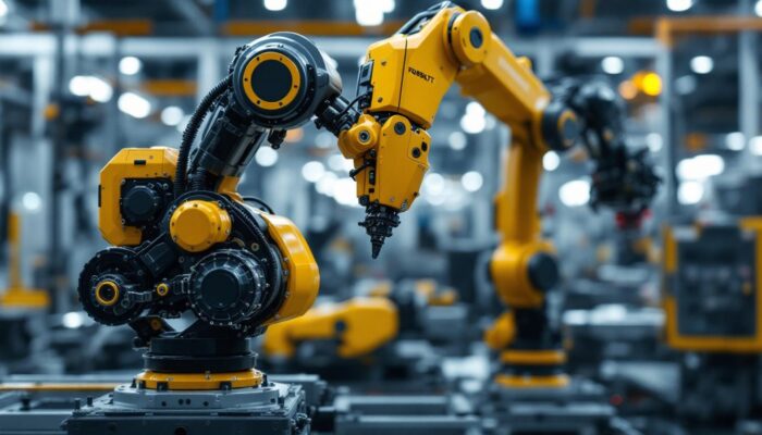A photograph of a modern industrial robot in action