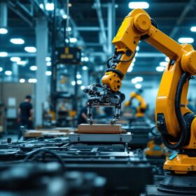 A photograph of a dynamic industrial setting showcasing a machine loading robot in action