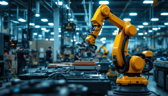 A photograph of a dynamic industrial setting showcasing a machine loading robot in action