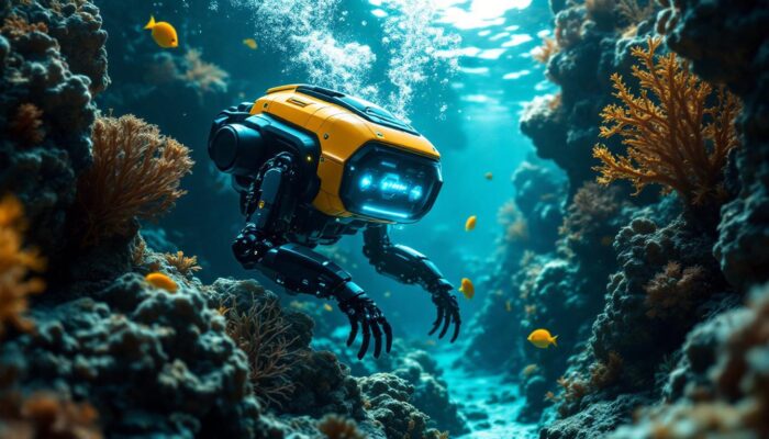 A photograph of a sophisticated underwater robot in action