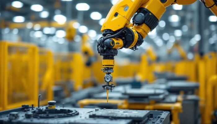 A photograph of a robotic arm in an industrial setting