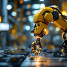 A photograph of a dynamic industrial robot in action
