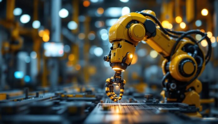 A photograph of a dynamic industrial robot in action