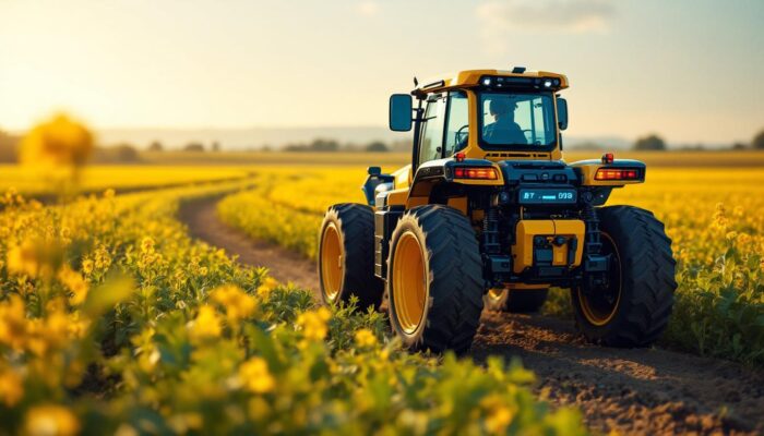A photograph of a modern agricultural landscape featuring advanced robotic machinery in action