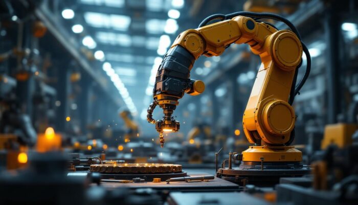 A photograph of a sleek industrial robotic arm in action