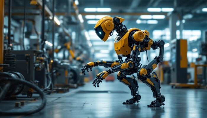 A photograph of a legged robot in action within an industrial setting