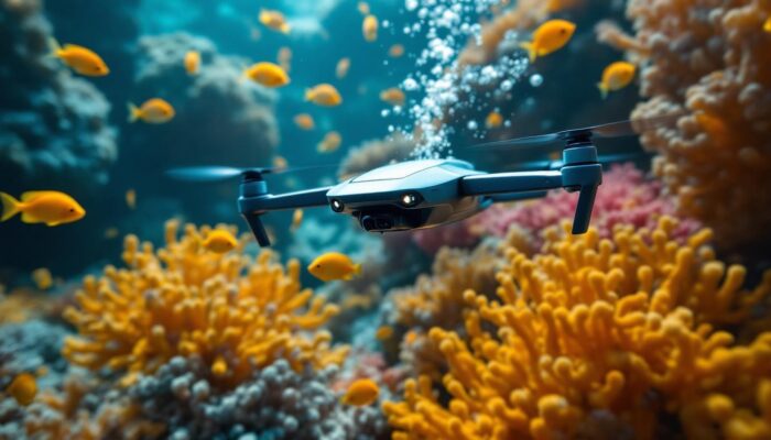 A photograph of a sleek underwater drone in action