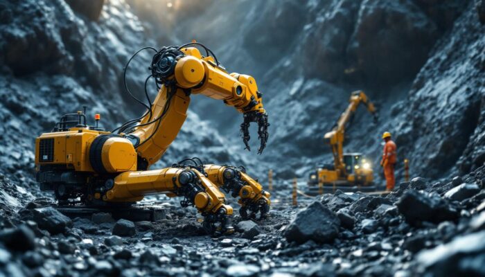 A photograph of capture a photograph of an industrial robot in action within a mining environment