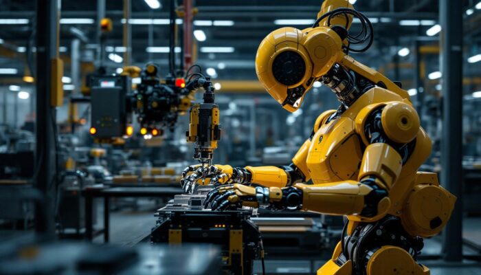 A photograph of a modern industrial robot in action on a factory floor
