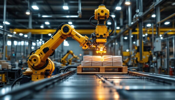 A photograph of a modern industrial setting featuring a robotic arm efficiently palletizing products