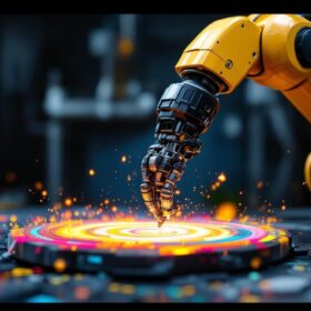 A photograph of a sleek industrial robotic arm in action