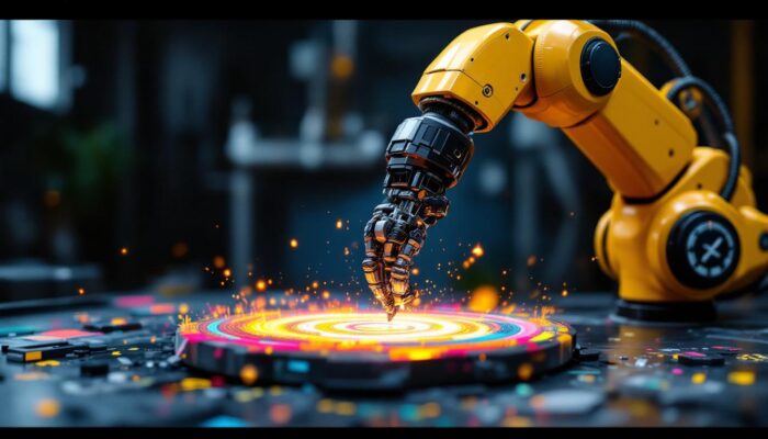 A photograph of a sleek industrial robotic arm in action