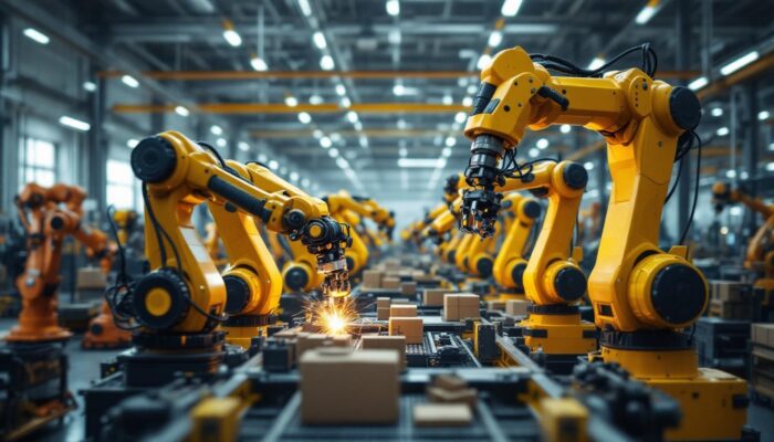 A photograph of a diverse range of industrial robots in action within a manufacturing facility
