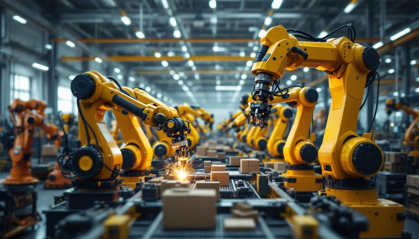 A photograph of a diverse range of industrial robots in action within a manufacturing facility