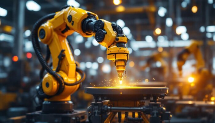 A photograph of a sleek industrial robotic arm in action