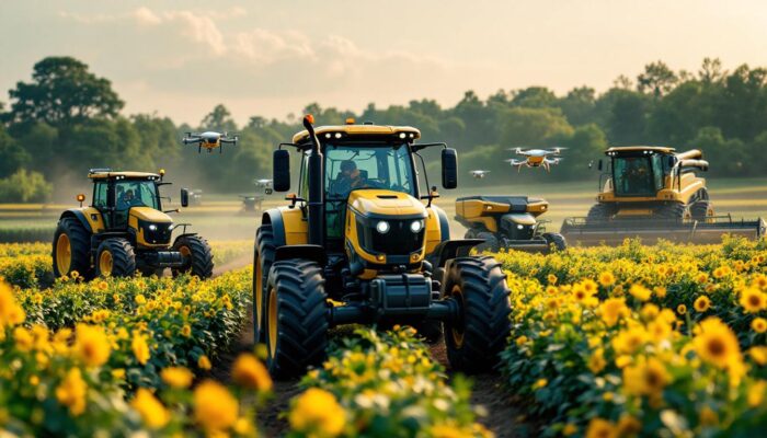 A photograph of a modern farm scene showcasing a variety of industrial robots in action