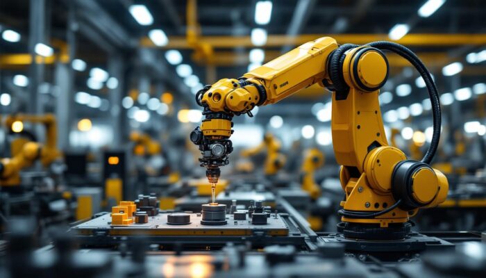 A photograph of a sleek industrial robotic arm in action within a manufacturing setting